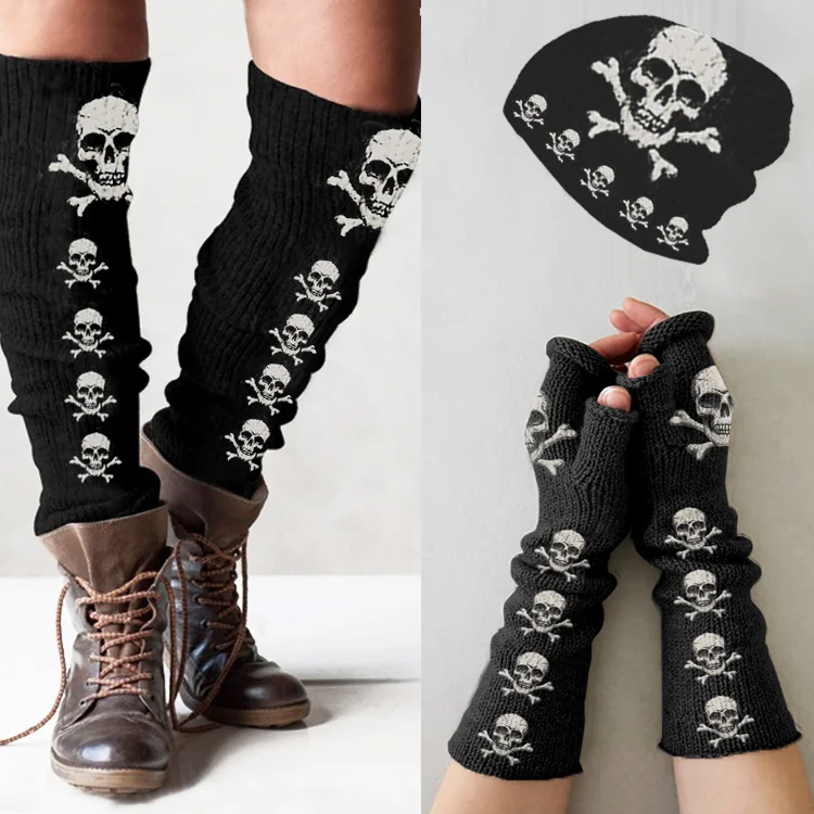 （Ship within 24 hours）Punk skull print knitted hat +leg warmers + fingerless gloves set