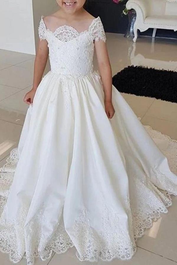 Dresseswow Beautiful Sleeveless Off-the-shoulder A-line  Flower Girl Dress Satin Lace with Beads  Appliques