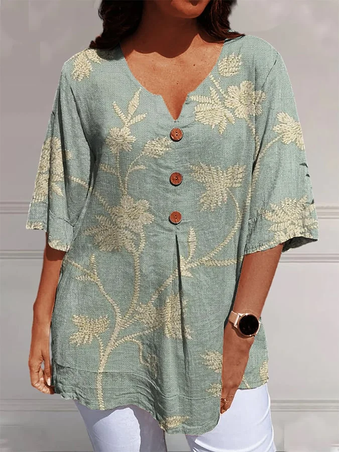 Women'S Elegant Retro Floral Art Print Casual Cotton And Linen V-Neck Shirt