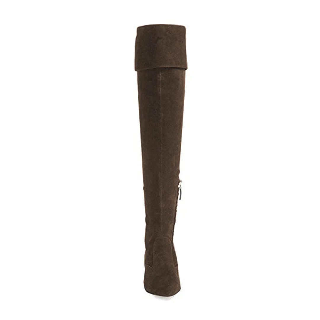 Dark Brown Faux Suede Pointed Toe Over-The-Knee Side-Zip Boots