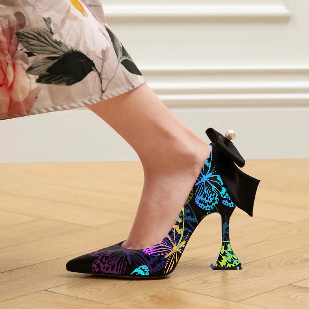 Multicolor Butterfly Pointed Toe Flared Heel Pearl Bow Pumps Shoes