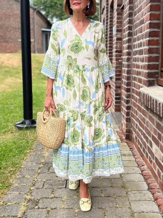 Printed V-neck loose long-sleeved dress