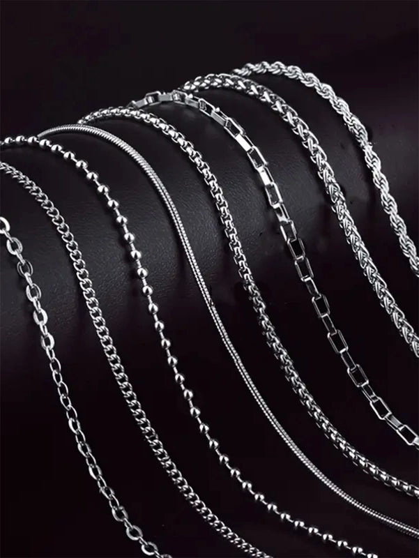 8 Pieces Fashion Men's Stainless Steel Chain Necklace Suit DIY Matching Daily Wear