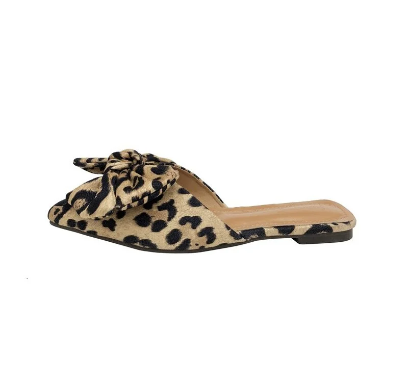  Women Slippers Pointed Toe Leopard Bow Mules Shoes Slip On Fashion Outside Shallow Beach Shoes Slides Flats Heeled Size 35-40