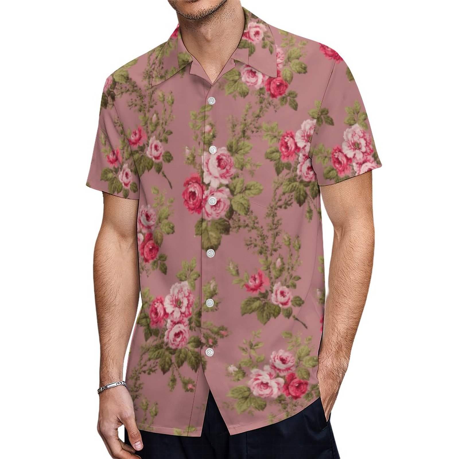 Elegant Vintage Pink Roses Old Rose Background Hawaiian Shirt Mens Button Down Tropical Hawaii Beach Shirts