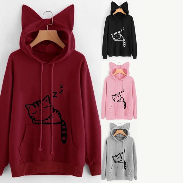 Adorable Cat Printed Hoodie Fashionable Loose Pullover Long Sleeve Top Sweater For Woman Lady - Shop Trendy Women's Fashion | TeeYours