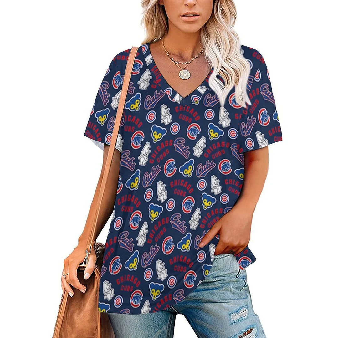 V-neck Short Sleeve Casual T-shirt for  Women Printed with Pattern,Blue,Red