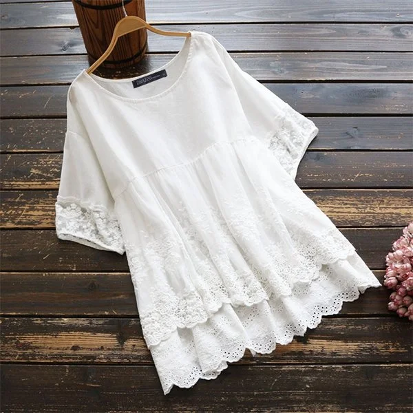 Women Round Neck Short Sleeve Floral Lace Patchwork Tops Blouse T-Shirts