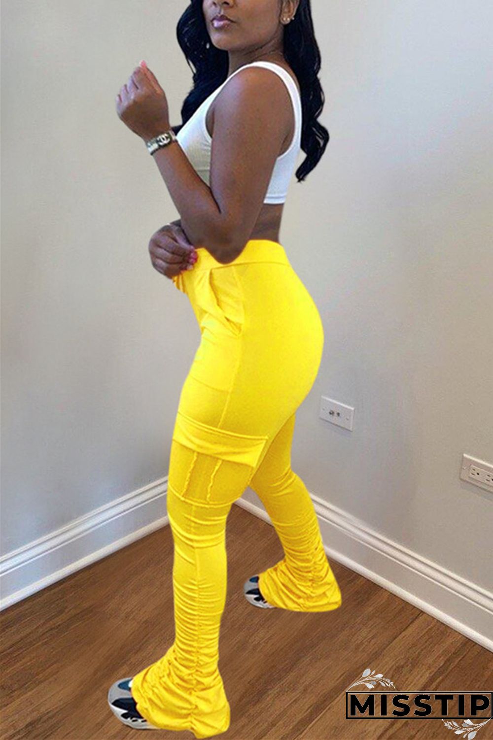 Fluorescent green Drawstring High Solid Pocket Draped Boot Cut Pants Bottoms