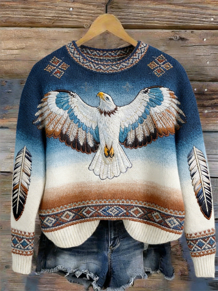 Vintage Eagle Western Ethnic Gradient Cozy Knit Sweater wearshes