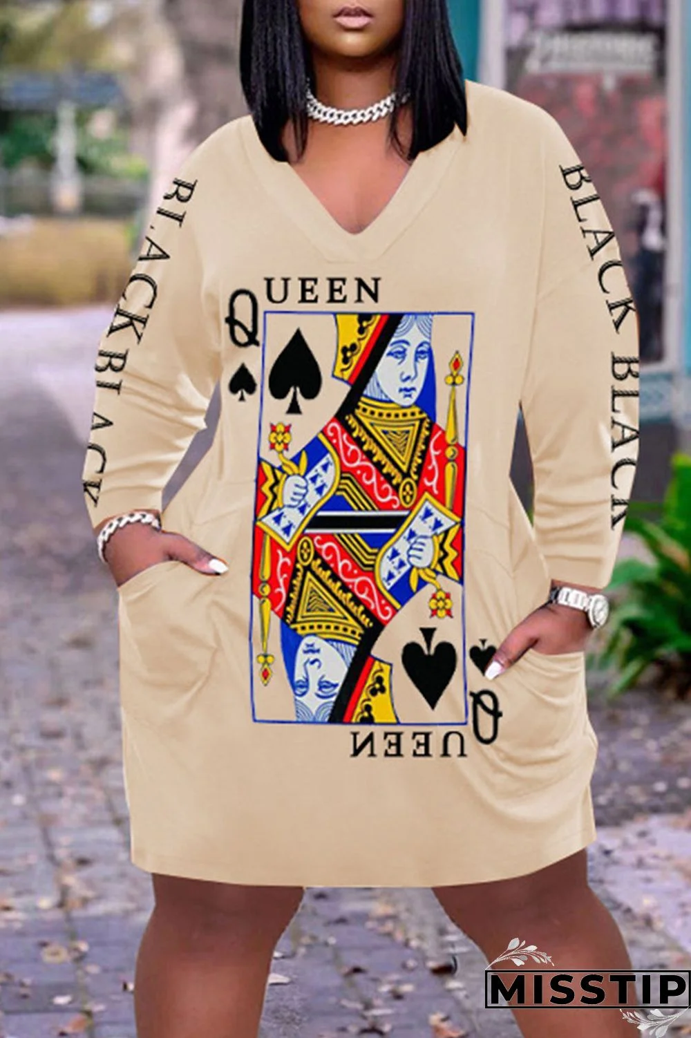 Dark Brown Casual Print Patchwork V Neck Long Sleeve Dresses