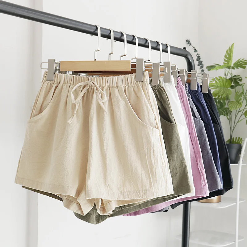 Women's Elastic Waist Pocket Linen Casual Short Pants