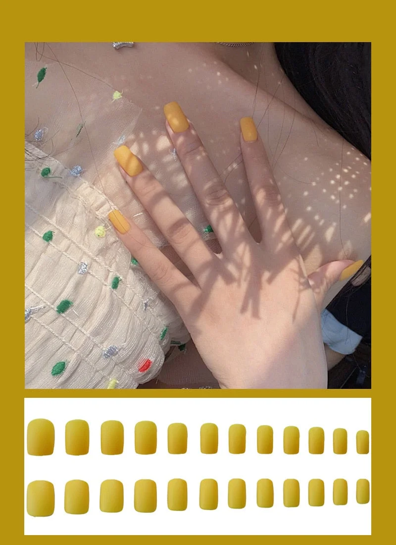 24pcs Dark Coffee Fake Nails Orange And Yellow Two-tone Matte Polish False Nail Patch Round Ballet Nail Tips Glue Wear Manicure-Nail Inspo