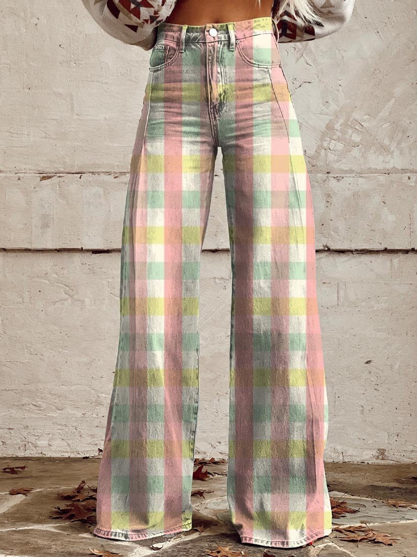 Women's Red, Green and Yellow Print Casual Wide Leg Pants