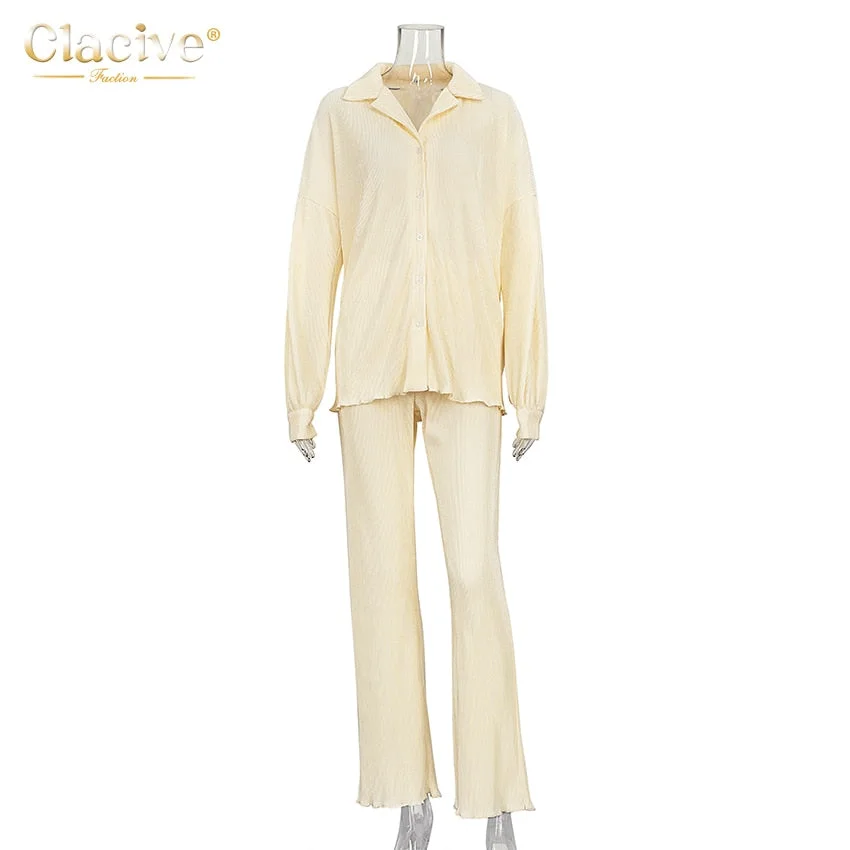 Clacive Causal Loose Home Suit Autumn Long Sleeve Blouse With High Wasit Pants Set Women Elegant Pleated Beige 2 Piece Pant Sets