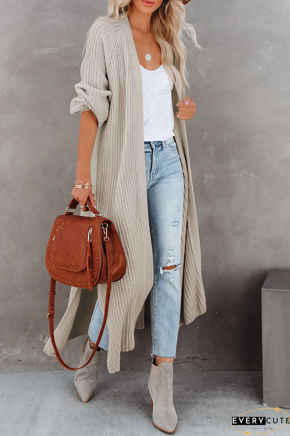 Open Front Side Slit Duster Knit Cardigan