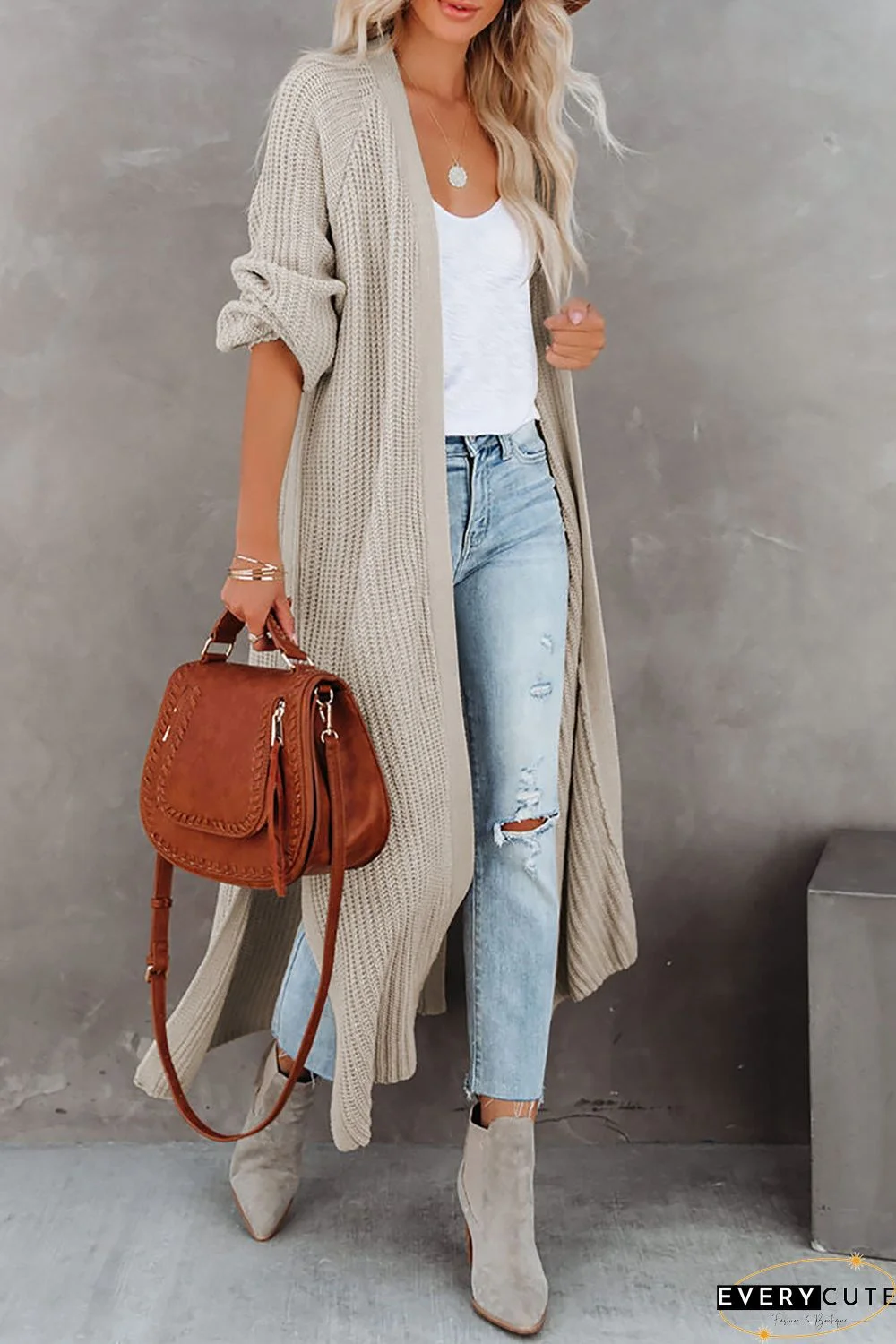 Open Front Side Slit Duster Knit Cardigan
