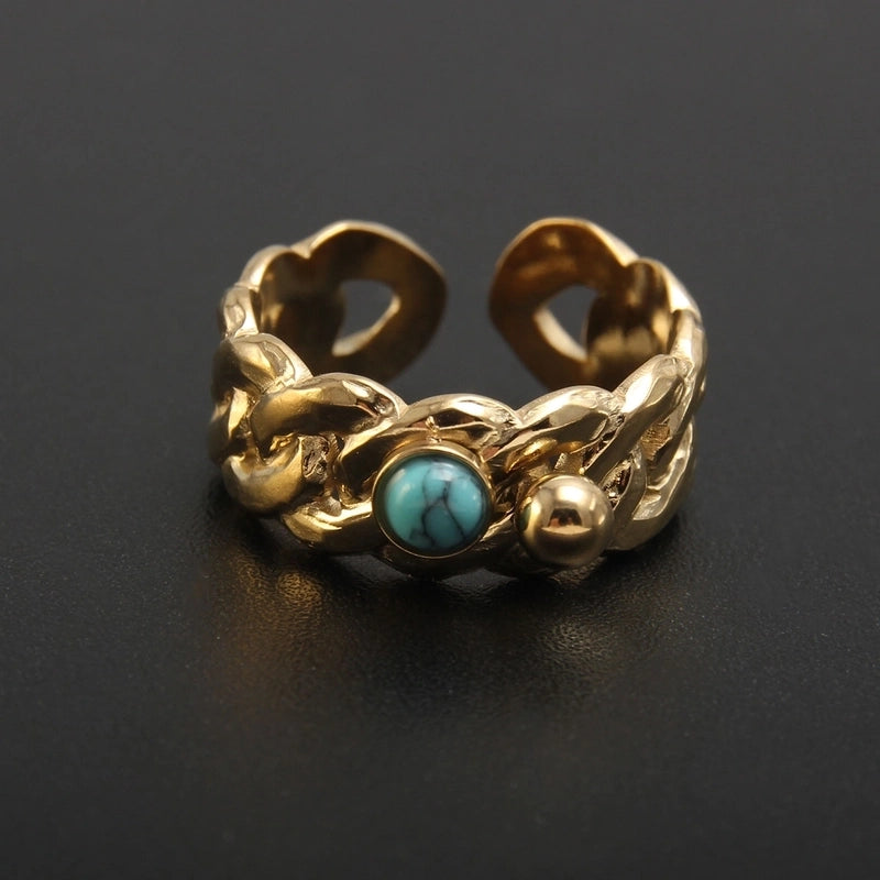 304 Stainless Steel 18K Gold Plated Baroque Style Plating Inlay Solid Color Natural Stone Open Rings