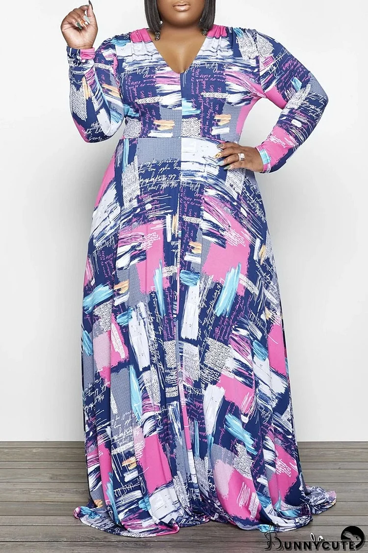 Pink Casual Print Patchwork V Neck A Line Plus Size Dresses