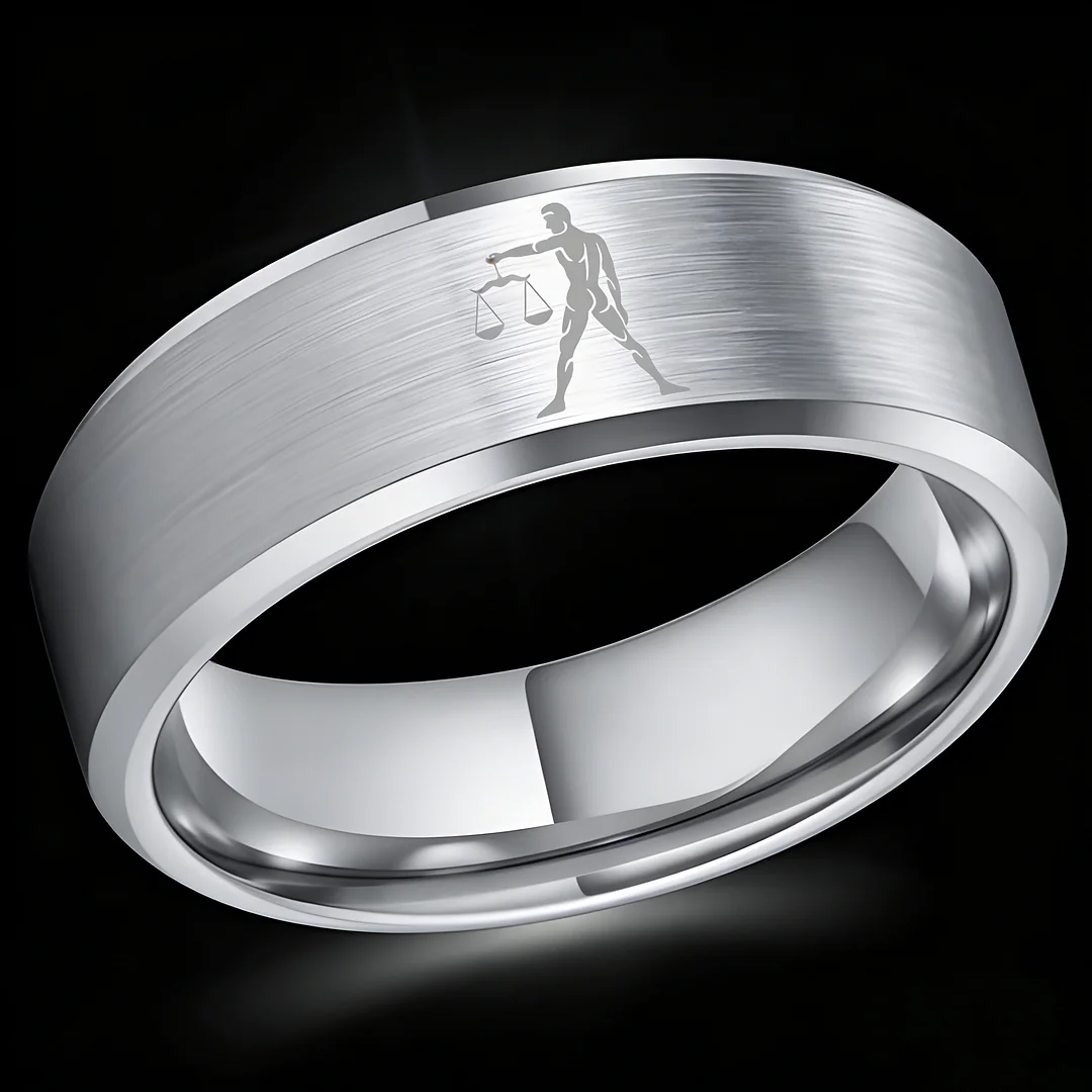 Sliver Libra Tungsten Carbide Rings Beveled Edges Sliver Laser Etched Couple Wedding Bands 4MM 6MM 8MM Width