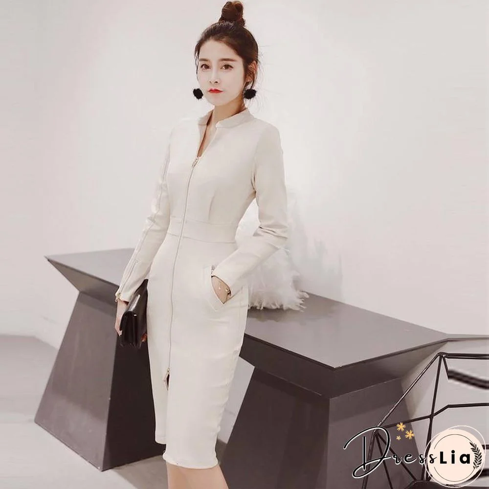 New Autumn Woman Clothes Elegant Dress Zipper Long Sleeve Solid Color Stand-up collar Dresses Fashion Fall Women Clothing