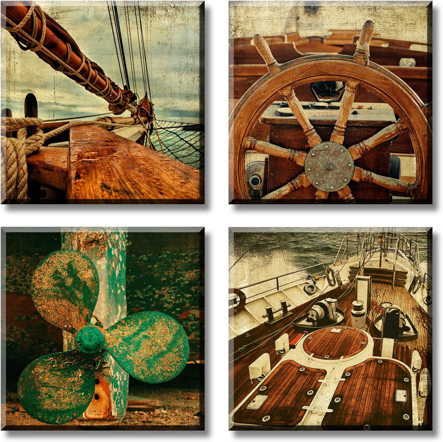 Nautical Decor - Yacht Sailboat Wall Decor Modern Retro Boat Wheel Details Canvas Artwork Pirate Ship Wheel Wall Art Bathroom Decorations for Living Room 12 inch X12 inch  4 Piece Stretched and Framed 12x12Inchx4