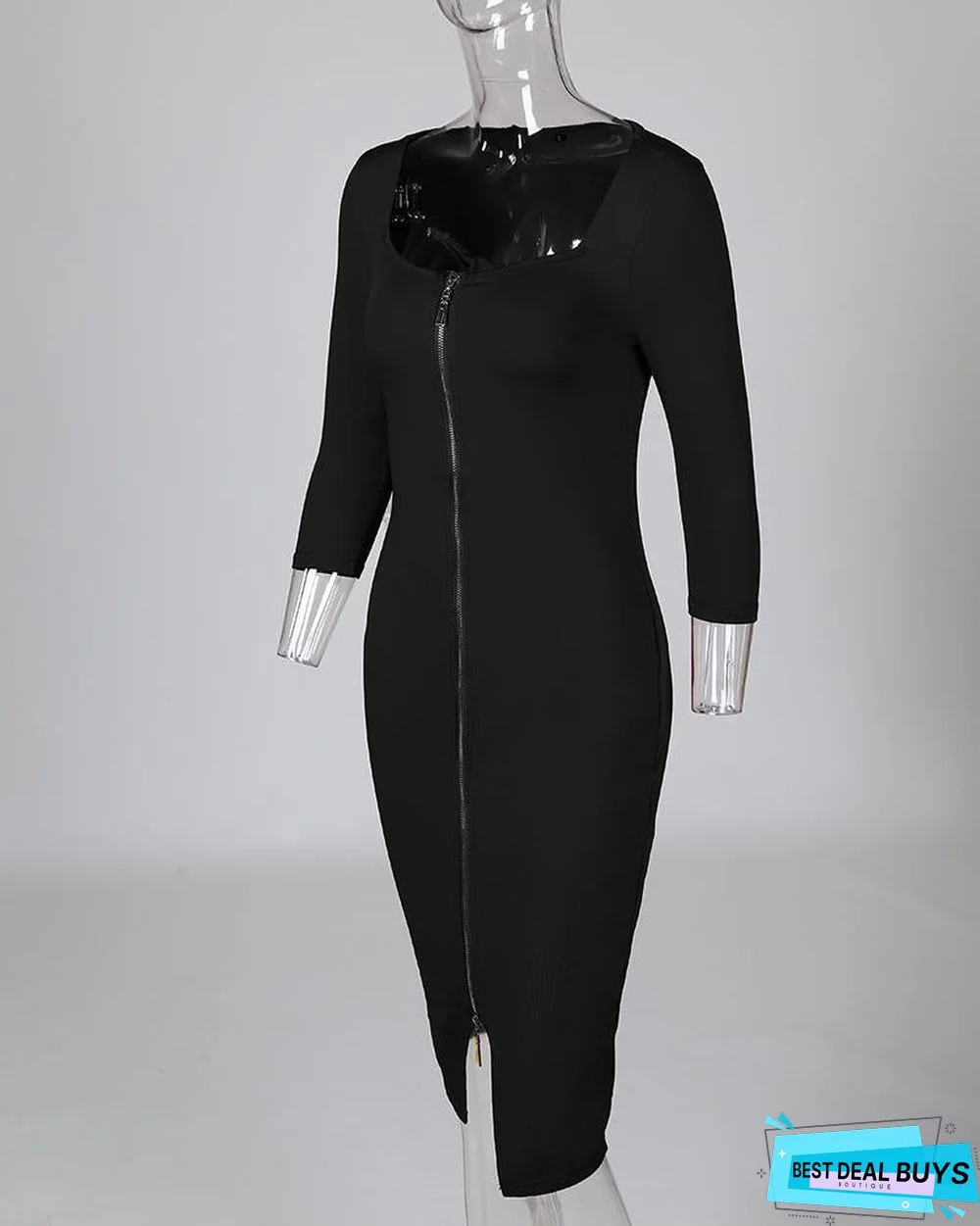 Sexy Zipper Up Split Bodycon Dress Black Dresses