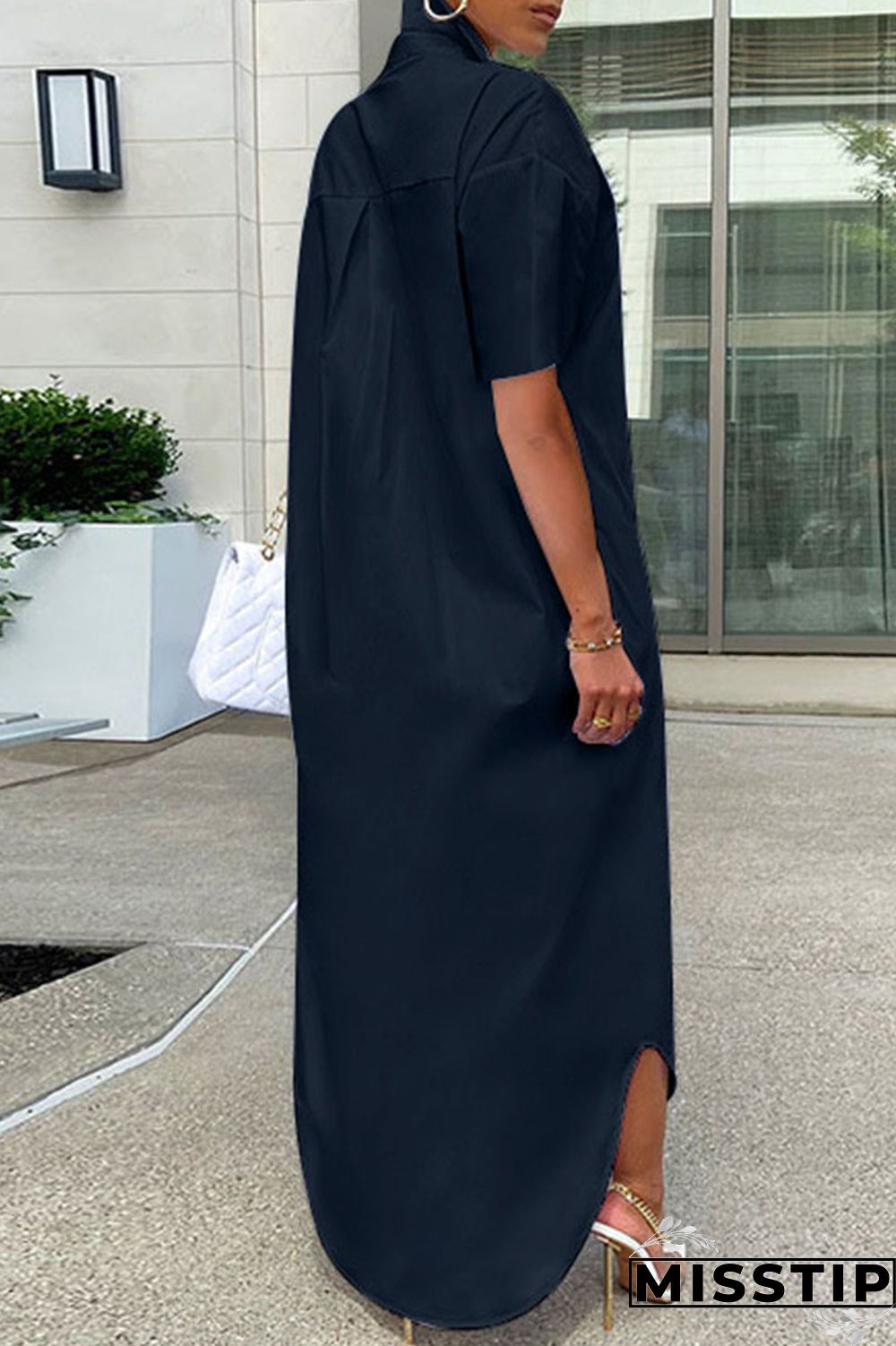 Rose Red Casual Solid Patchwork Buckle Turndown Collar Shirt Dress Dresses