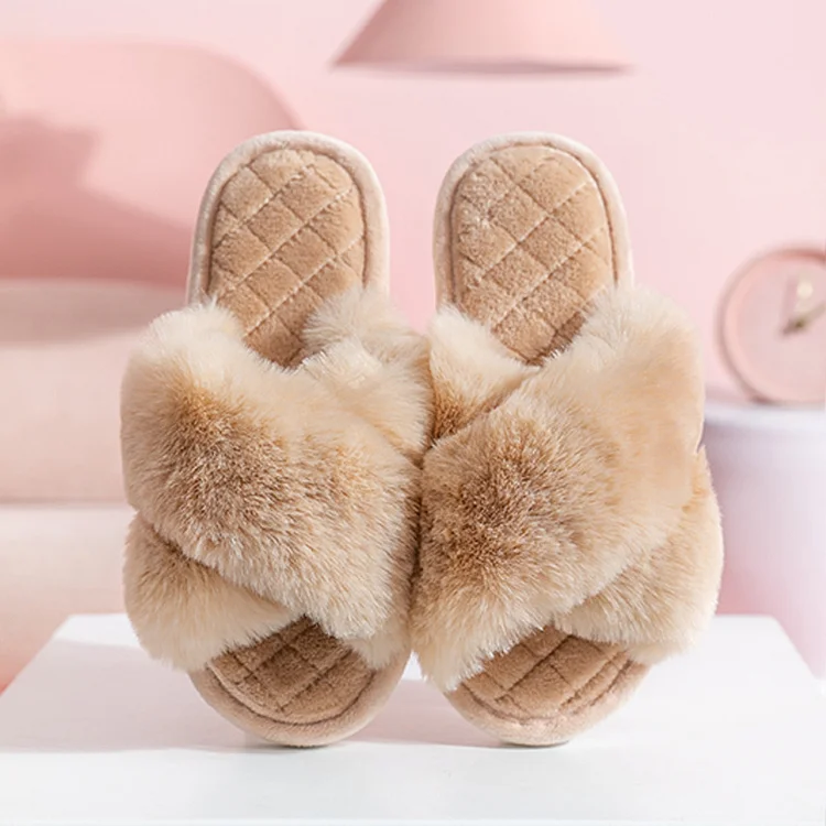 Women's Winter Slippers Plush Cross Floor Cotton Slippers Indoor Home Warm Furry Slippers socialshop
