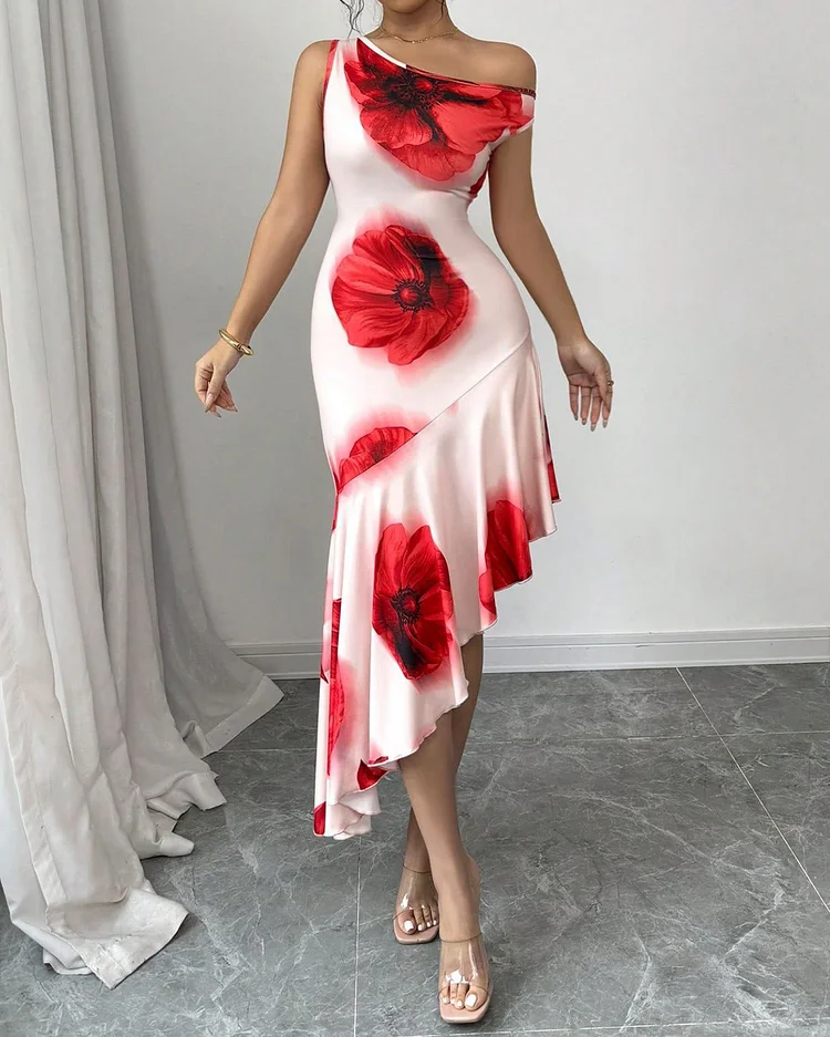 One Shoulder Floral Print Dress