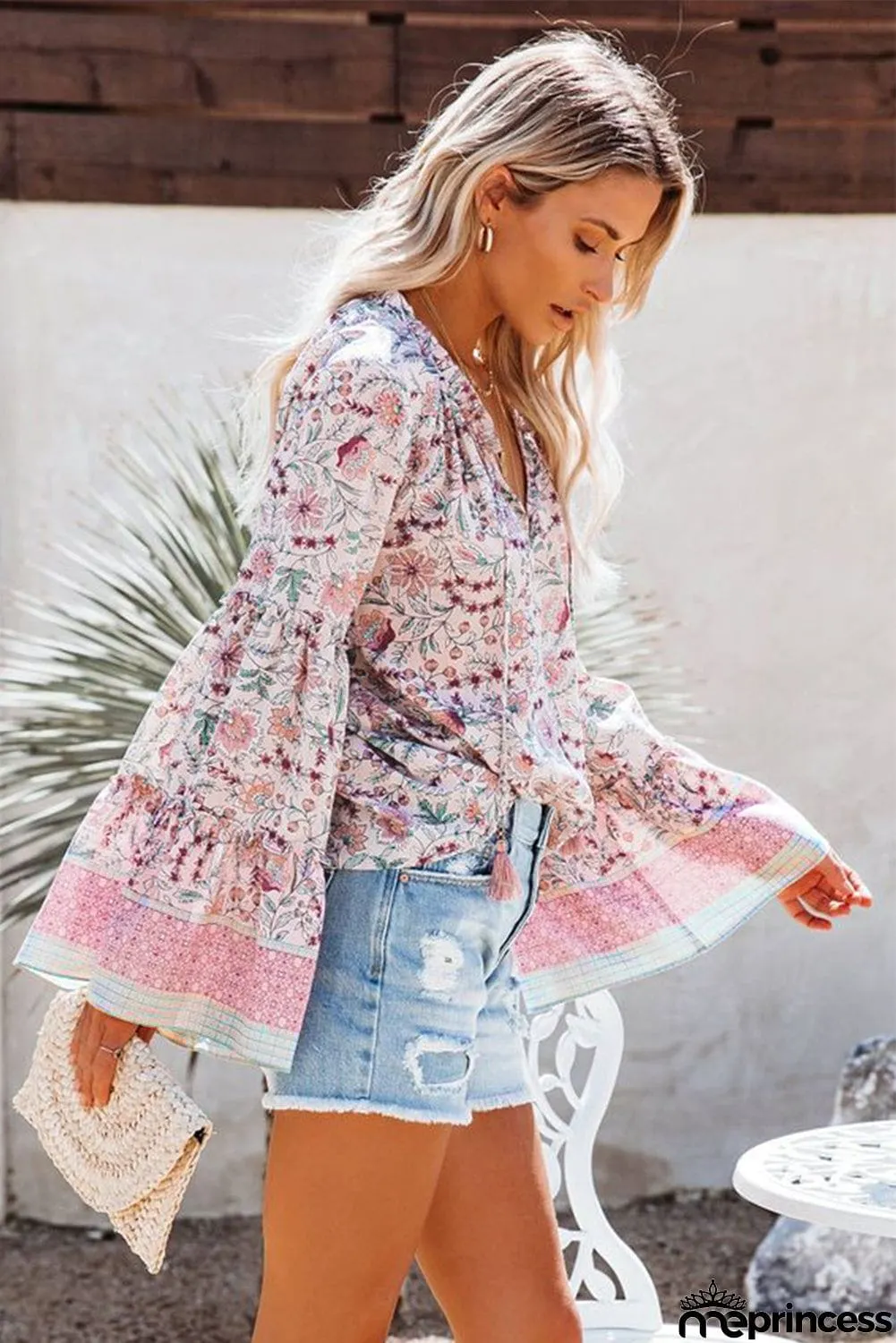 Floral Print V Neck Drawstring Flared Sleeve Top