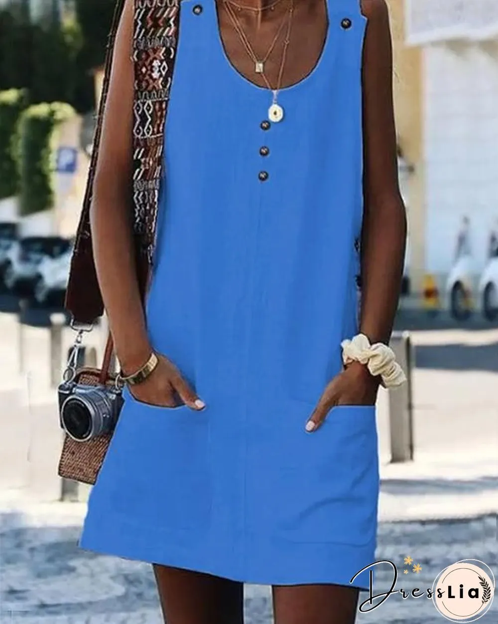 Linen Button Pocket Mini Dress
