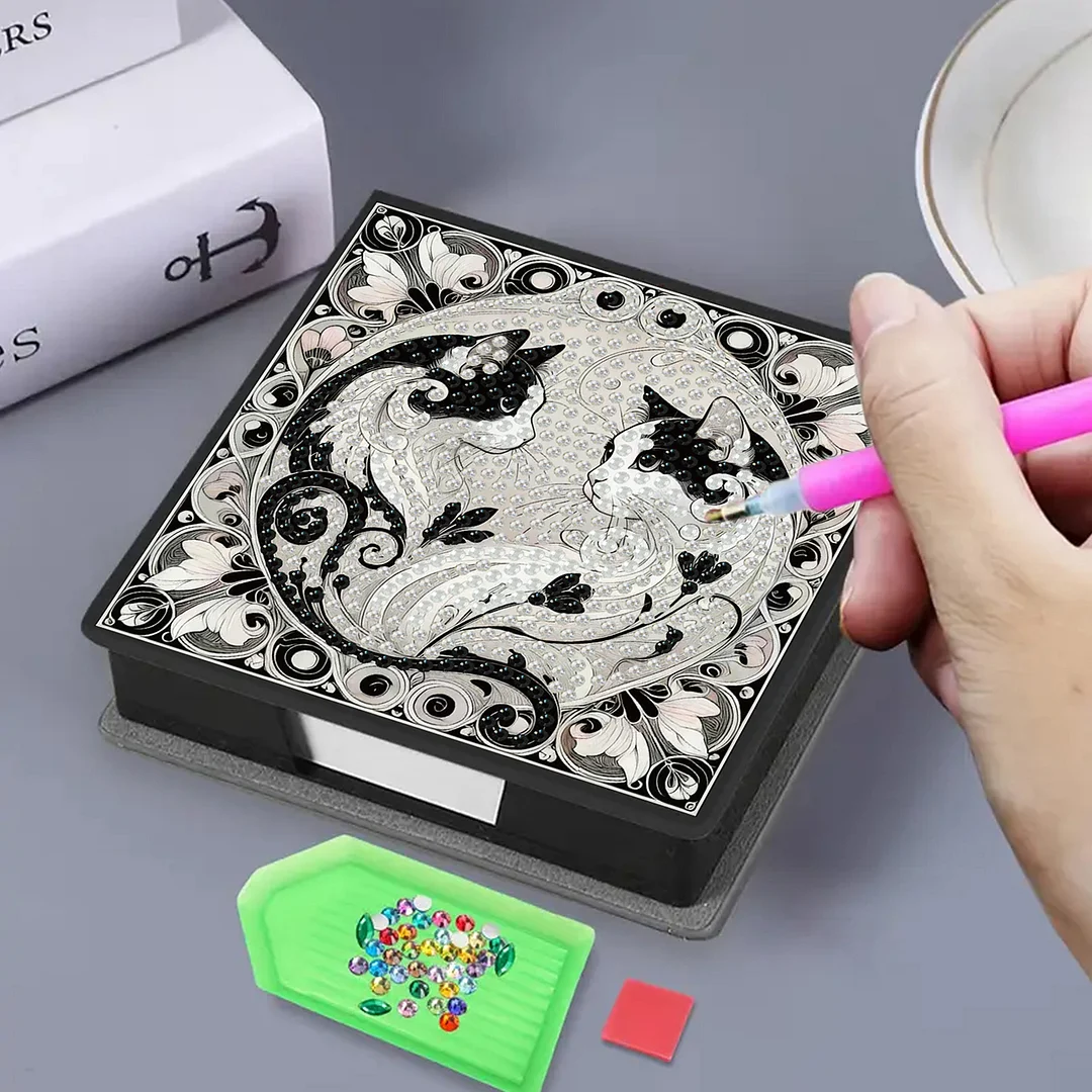 Cat 5D DIY PU Diamond Painting Kit Note Box with 160 Sheets Paper Memo Holder