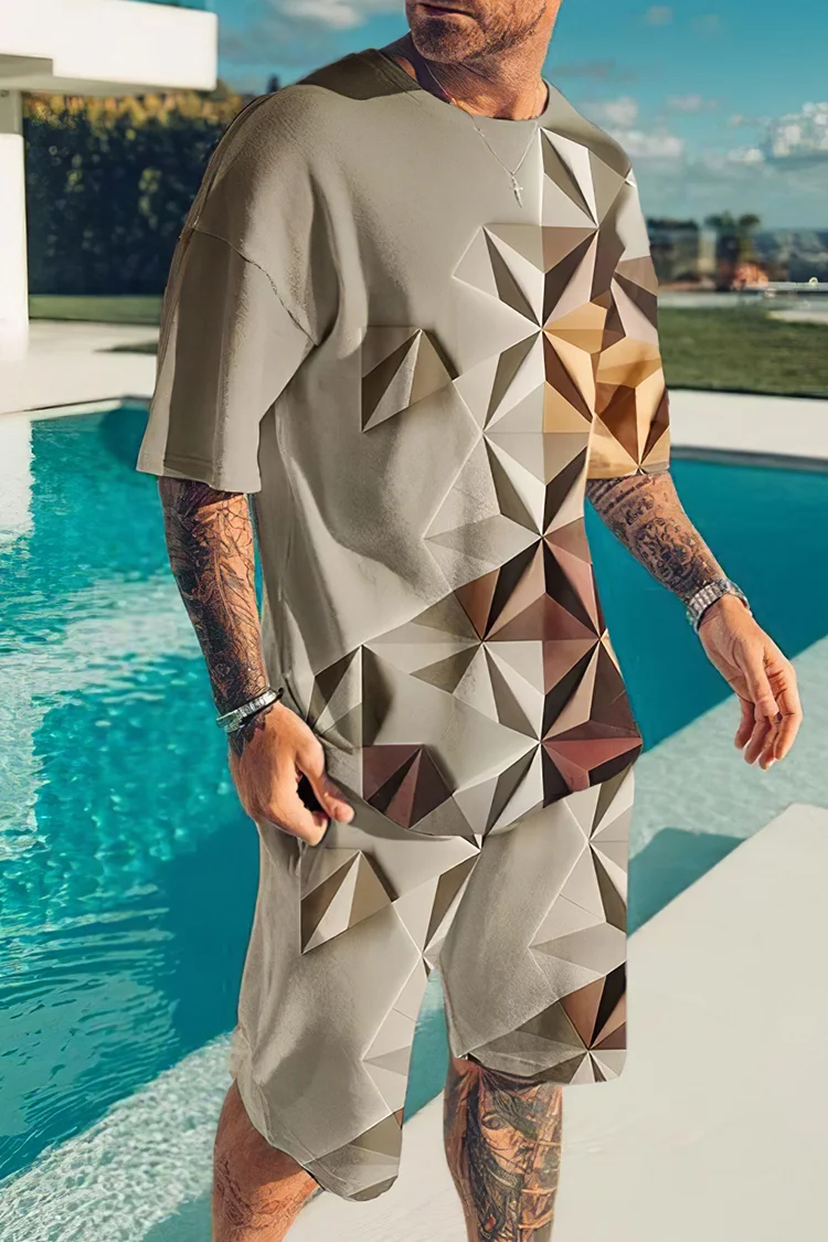 Tiboyz Men's Outfits Geometric Fashion T-Shirt And Shorts Two Piece Set