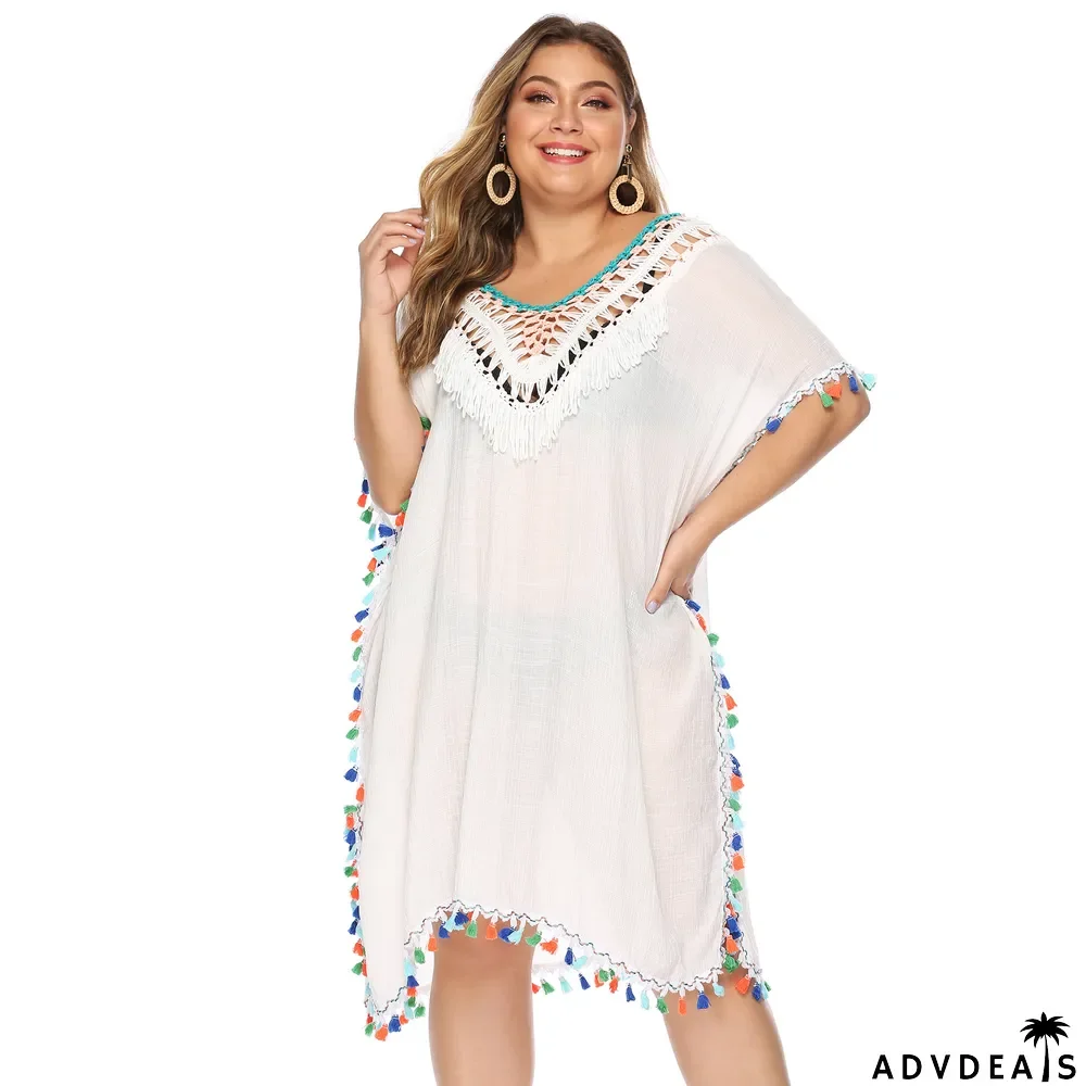 Plus Size Women's Irregular Hook Patchwork Multi-Color Tassel Deep V Sexy Loose Plus Size Beach Cover Up
