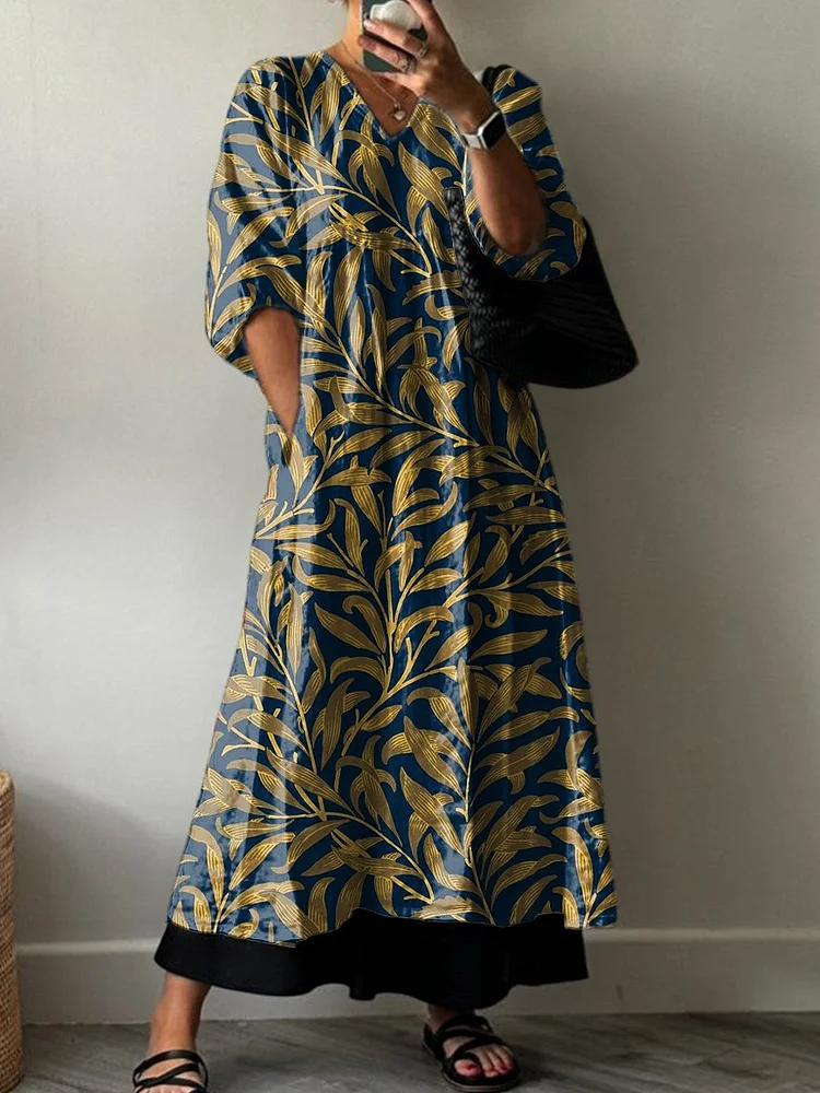 Simple Willow Bough Repeat Pattern Printed Women's Pocket V-Neck Cotton Dress
