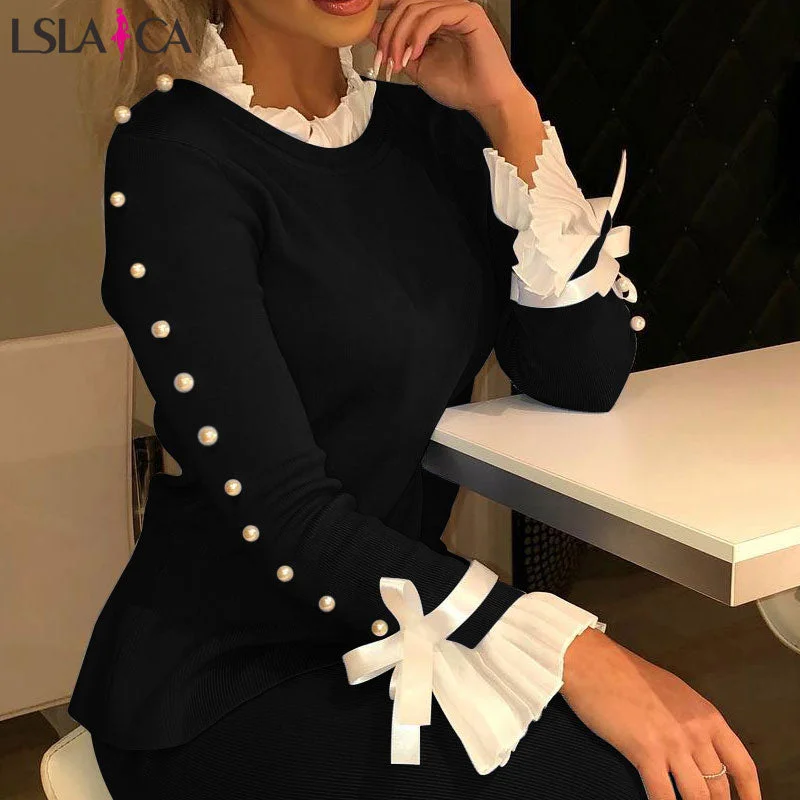 Women long sleeve shirts Bowknot Buttoned Bell Cuff Blouse women blouses casual elegant knit wild office splicing blouses women