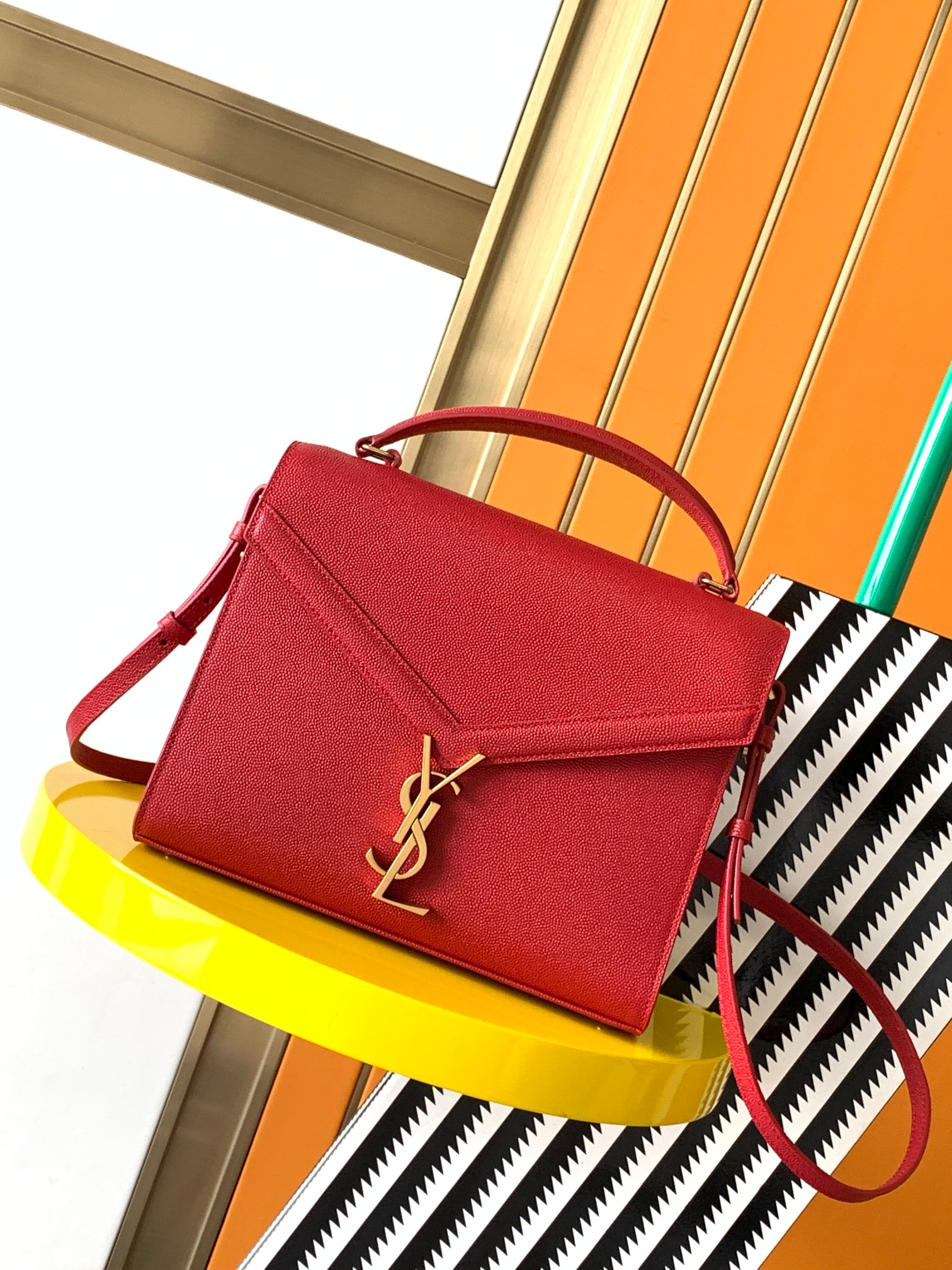 YSL Cassandra Medium Top Handle Bag in Red Grained Leather