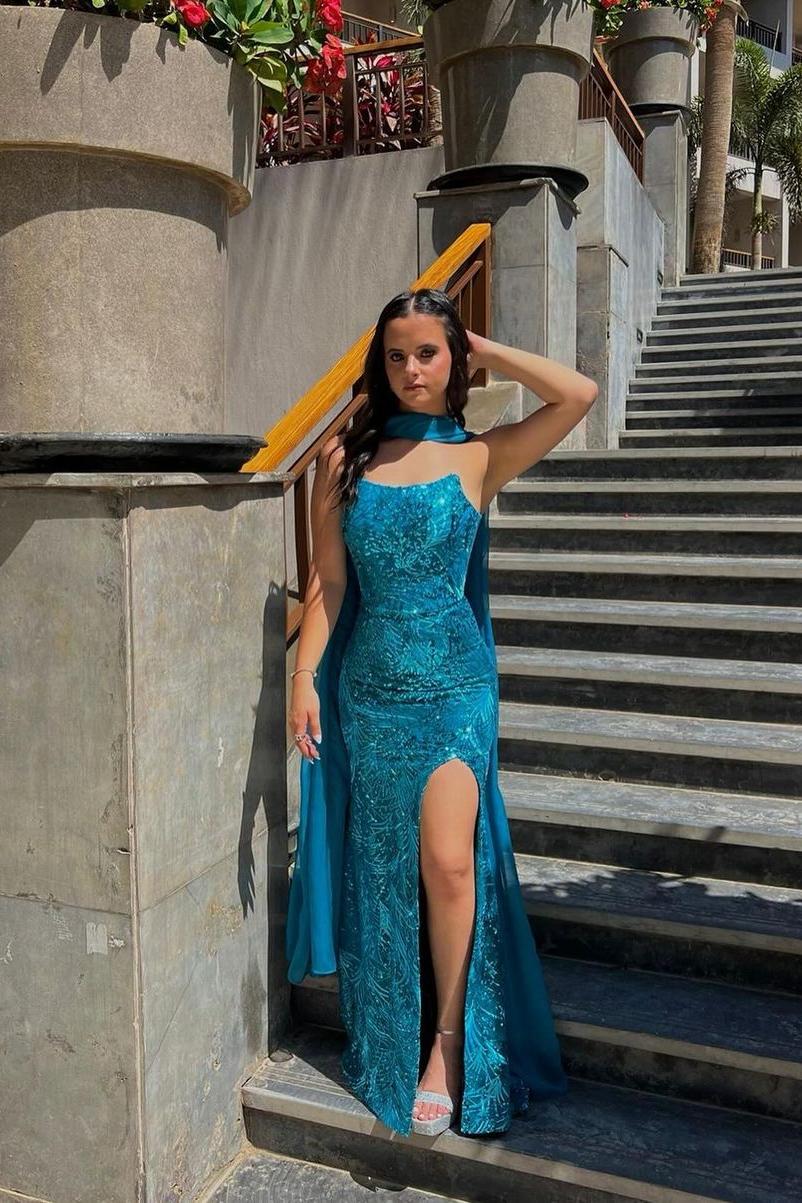 Lvs&Broner Charming Blue Strapless Sleeveless Pleated Long Prom Dress With Front Split