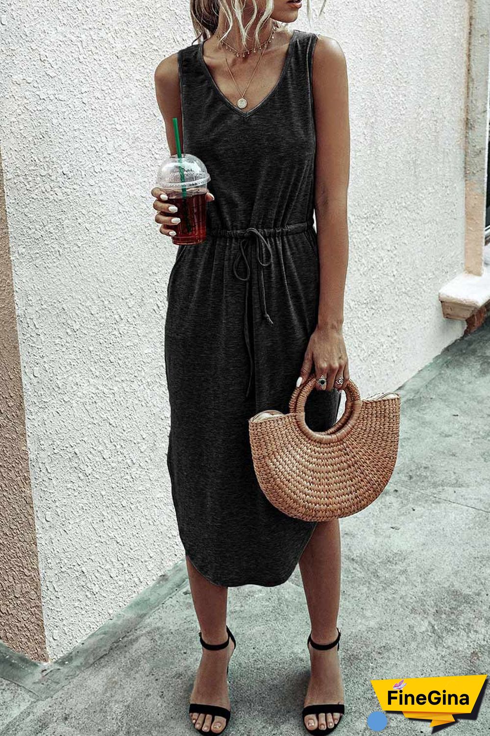 Casual Drawstring Tank Dress With Pocket