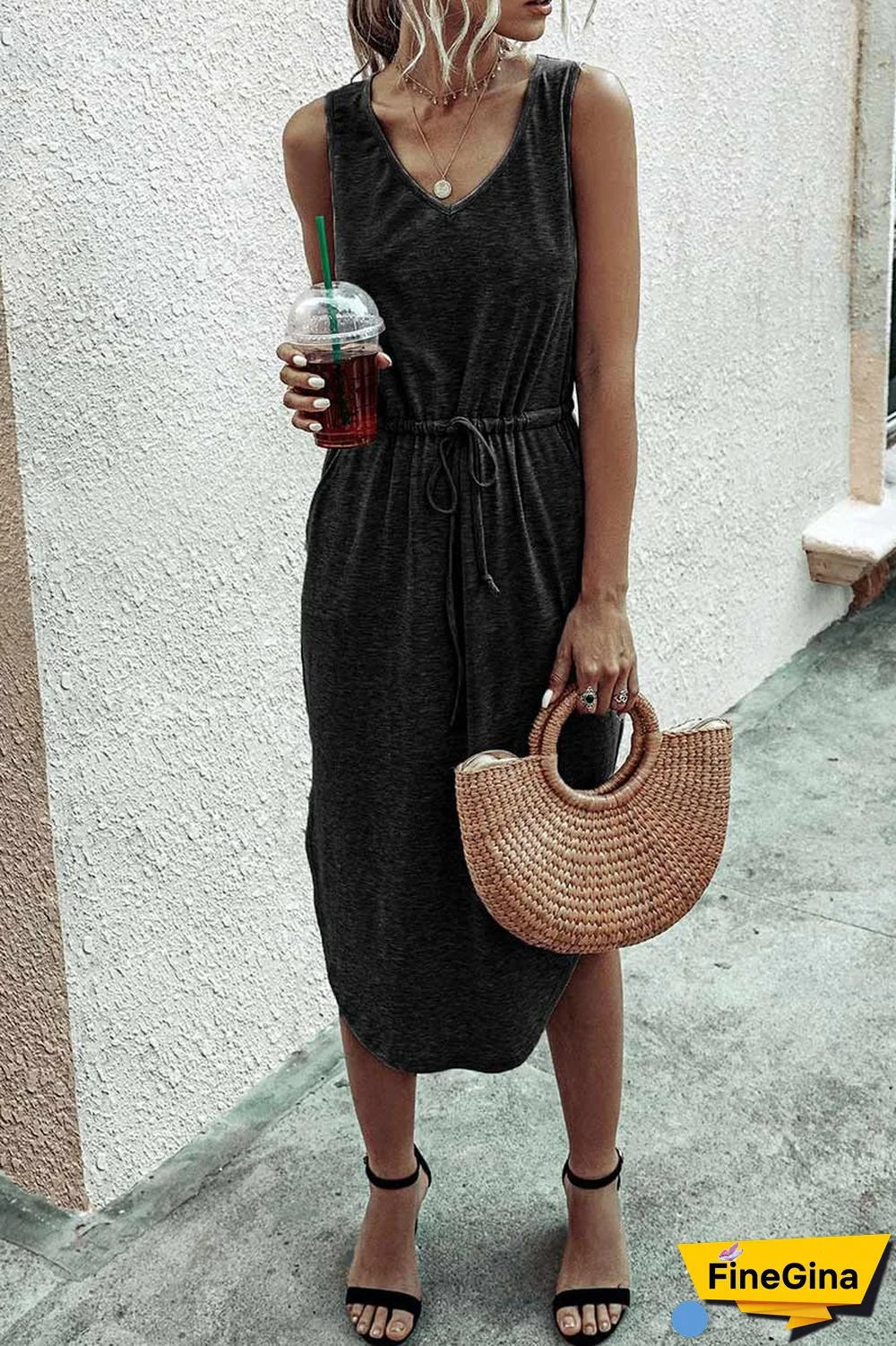 Casual Drawstring Tank Dress With Pocket