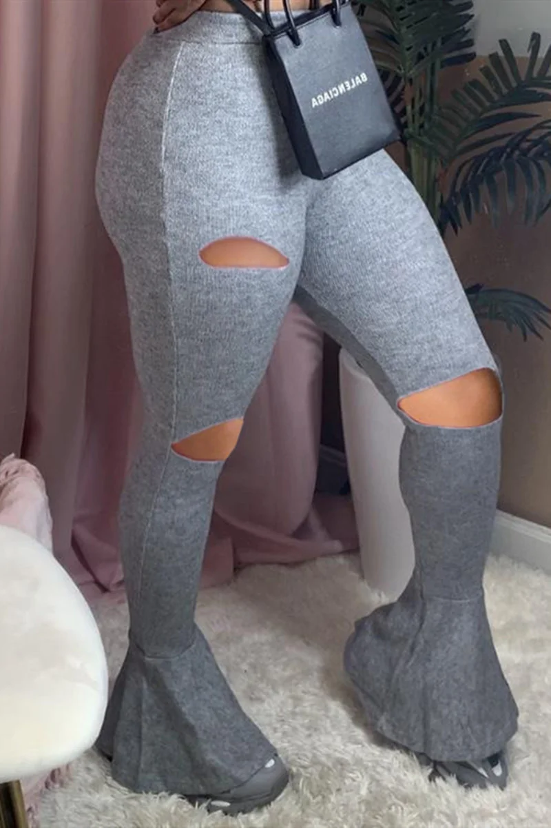 Gray Fashion Casual Boot Cut Solid Trousers | EGEMISS
