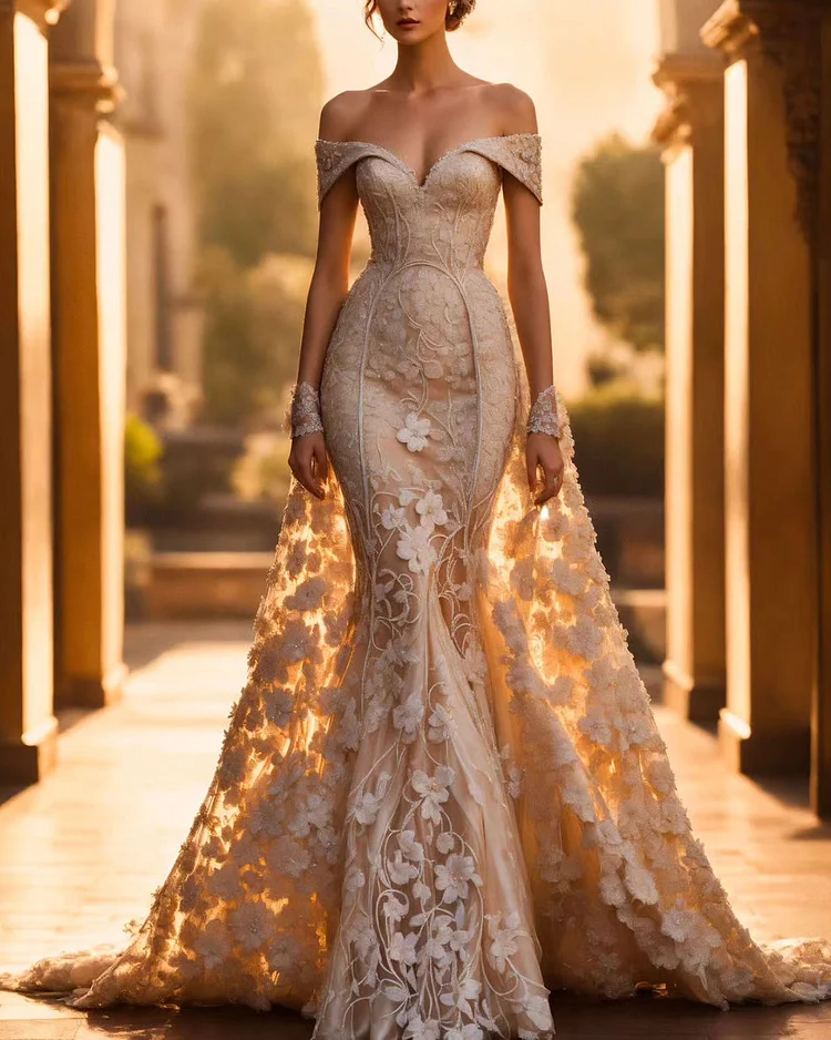 Elegant embroidered flower cape gown