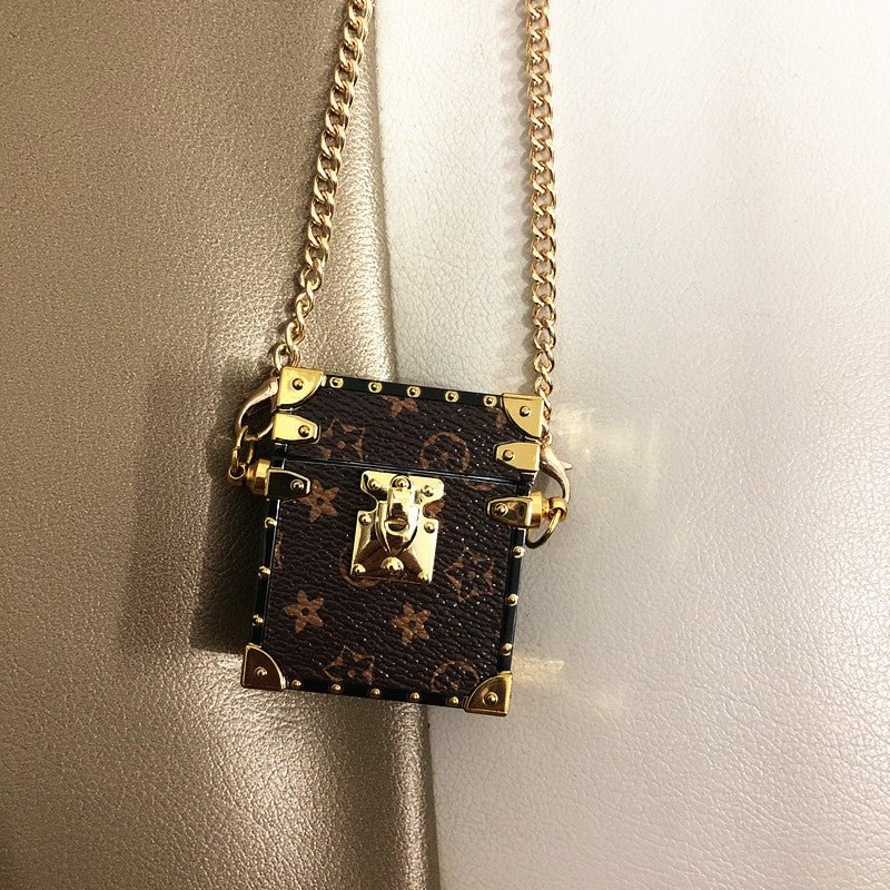 Luxury Monogram Lock Printed AirPods Protective Case Cover with Crossbody Chain