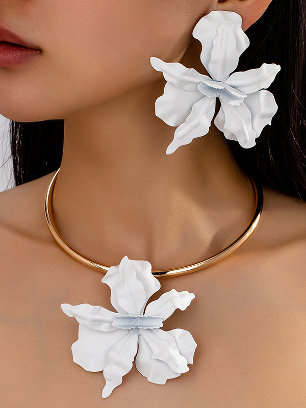 Flower Shape Necklaces Accessories + Drop Earrings WHITE-One_size