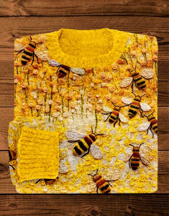 Comstylish Cute Bee Honeycomb Knitted Cozy Sweater