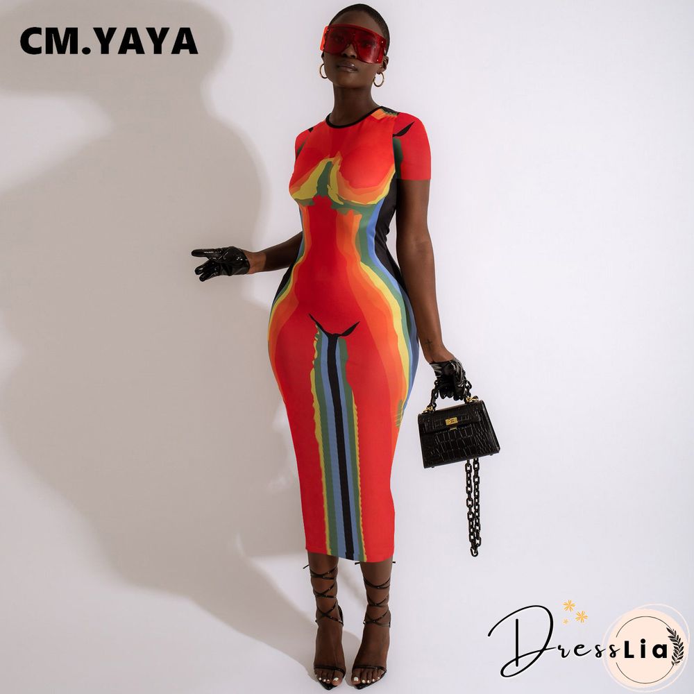 CM.YAYA Women 3D Printed Short Sleeve O-neck Bodycon Midi Maxi DressFor Summer Sexy Night Party Clubwear Long Dresses