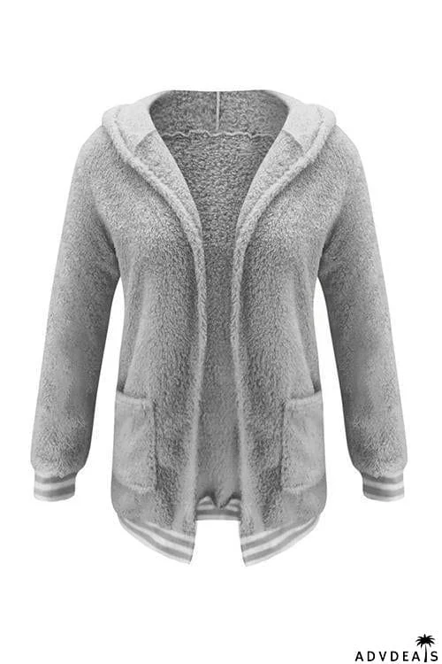 Pockets Stripe Fuzzy Coat