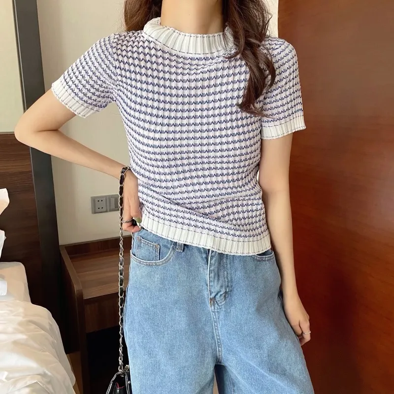 Uveng Uveng Summer New Korean Version Of The Impact Of The Wave Striped Ice Silk Bottom Shirt Short-Sleeved Knitted T-Shirt Tide