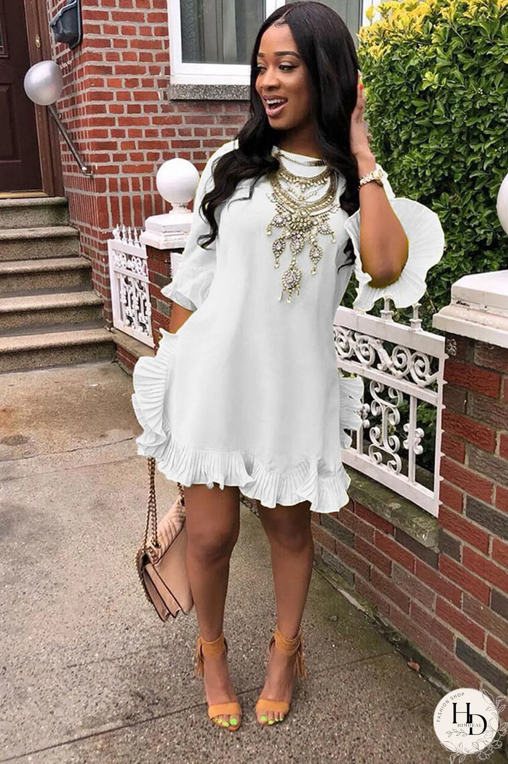 White Sexy Fashion Long Sleeves O neck Pleated skirt